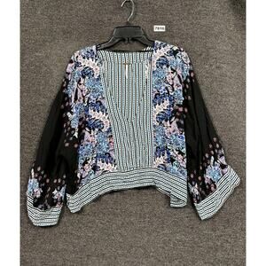 Free People Kimono Blouse Womens Medium Black Floral Boho V Neck Long Sleeve